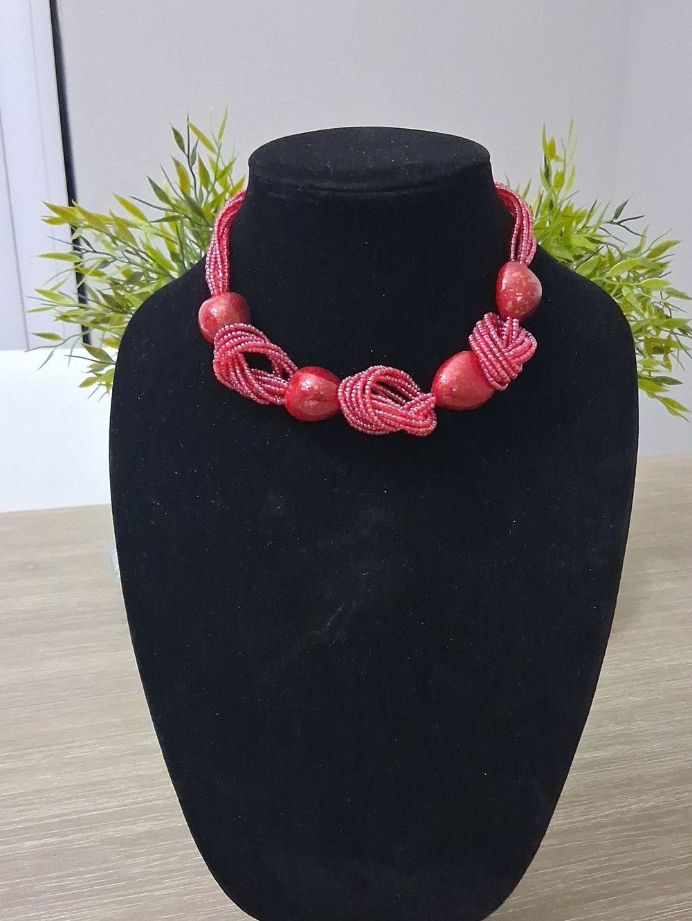 Red Multi-Strand Beaded Knot Statement Necklace